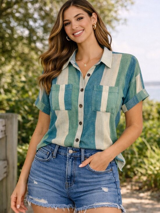 Vintage Havana Tops - Vintage Havana Striped Button Down Top Green Cream Metallic Lurex Shirt (M) NWT